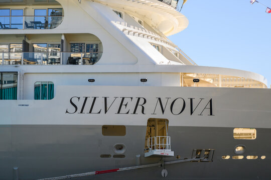 Seattle - May 11, 2026; Close-up of name on Silversea Cruises luxury cruise ship Silver Nova