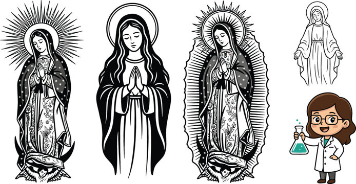 Virgin Mary and Our Lady of Guadalupe vector illustrations set with cute cartoon girl scientist character isolated on white background templates
