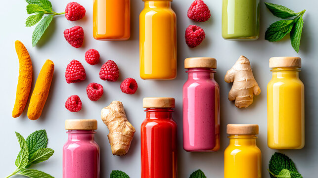 Colorful wellness shots with turmeric, ginger, raspberry and mint ingredients, healthy detox drinks and nutrition concept