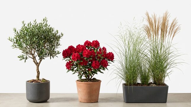 A vibrant pink rose blossom and a small bonsai tree grow side by side in a decorative ceramic pot, creating a colorful spring nature arrangement with lush green leaves and bright yellow floral blooms
