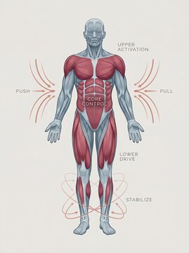 The human body showcases muscle anatomy in a detailed infographic system