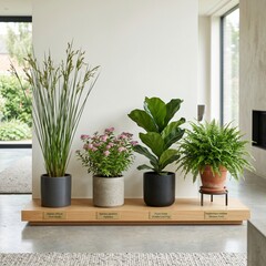 Fototapeta premium A modern living room interior design features a potted plant by the window, blending nature and home decor with elegant vases, indoor flowers, and stylish architecture