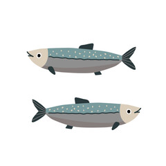 Fototapeta premium Two swimming sardine fish on a white background. Cute cartoon animal character for children's design. Flat vector illustration.