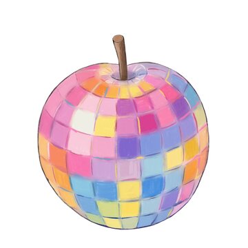 Pastel disco apple isolated on white background. Hand drawn apple designed as disco ball with reflective mirror tiles. For stickers, posters, prints, greeting cards, social media. 
