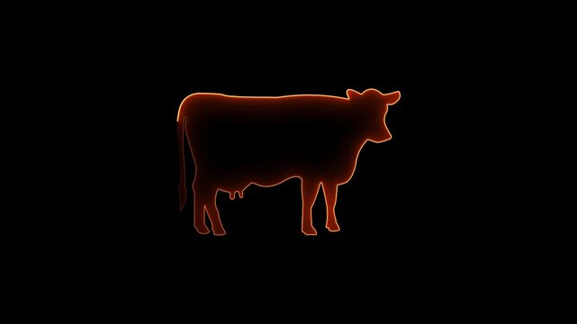 Glowing Neon Cow Silhouette Standing on Black Background glowing cow animal outline