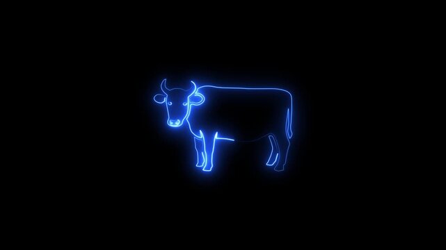 Neon blue cow outline standing on black background with glowing effect neon cow glowing cow