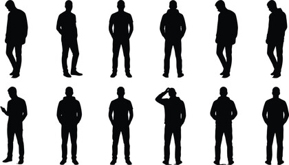 Silhouettes of standing people in casual everyday poses including phone use, gestures, and relaxed stances showing human body language expression unity © Sohel
