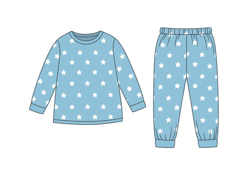 Blue and white starpatterned pajama set illustration featuring a longsleeve top and cuffed pants