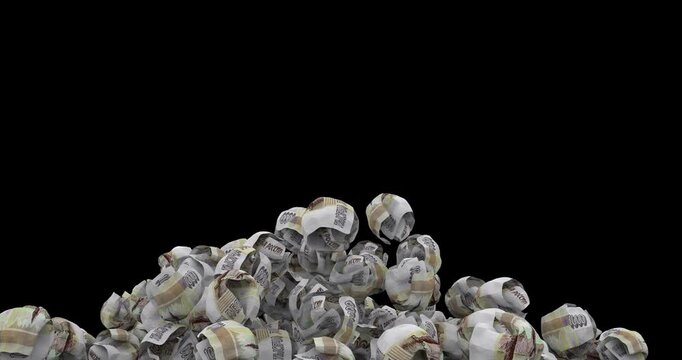 Falling crumpled russian ruble banknotes pile on black background