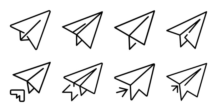 Set of paper airplanes flying illustration - Simple line art showing six paper airplanes in flight, perfect for educational or creative projects.