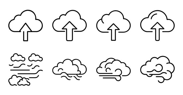 Weather icons showing cloud and precipitation types - Minimalist weather icons illustrating different cloud formations and precipitation styles in a clean vector style.