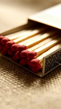 Close up of matchbox with red matches on textured surface