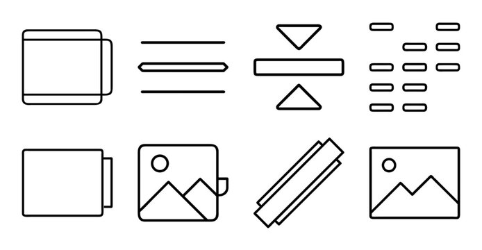 Flat icons set of media and tools - Minimalist vector icons showing media files, camera, pencil, and tools in a clean style.