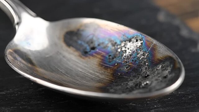 Close up of tarnished silver spoon with colorful oxidation patterns.