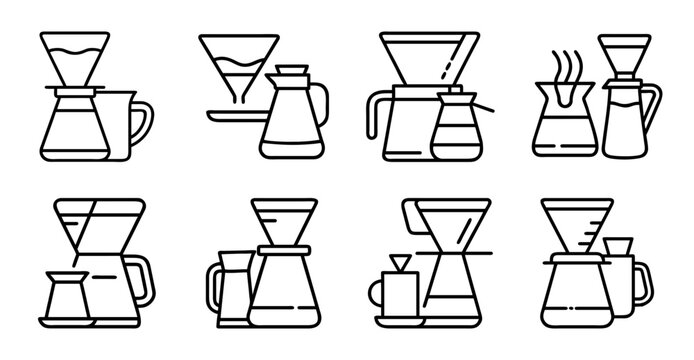 Coffee brewing methods illustration set - Simple vector icons showing various coffee brewing techniques and methods in a clean, organized style.