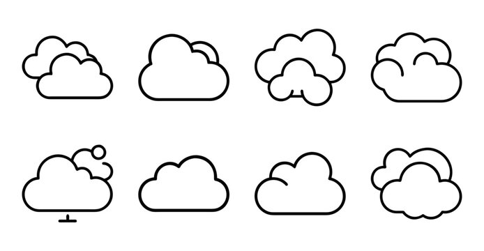 Minimal weather icons showing cloud variations - Simple line art icons illustrating different cloud types and weather conditions in a clean, minimal style.