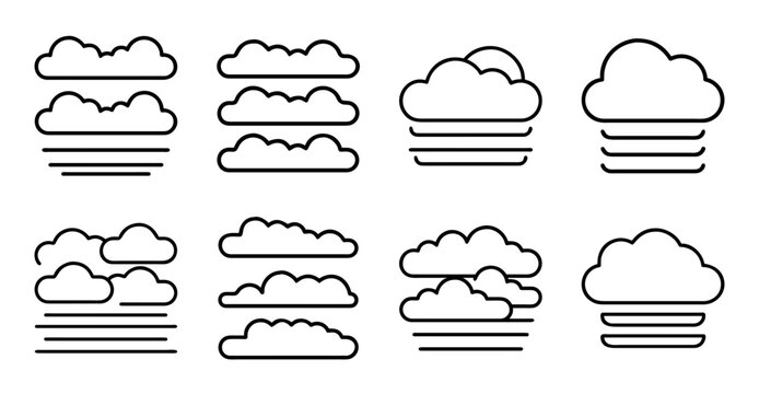 Various weather cloud icons set - Minimalist vector icons showing different cloud types for weather or app designs with clean lines.