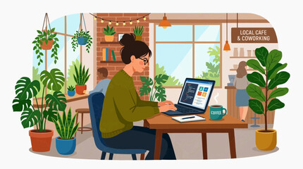 Fototapeta premium Woman working on laptop in a cozy cafe with many plants and natural light