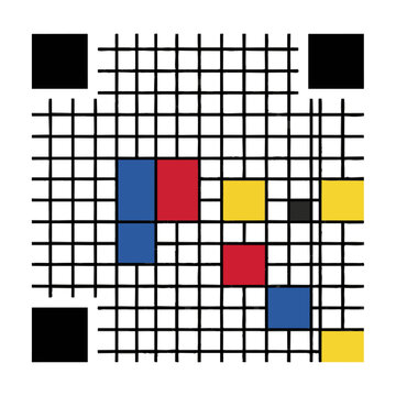 Abstract data matrix grid with square black modules and geometric finder patterns arranged in a structured minimalist composition, digital information code concept
