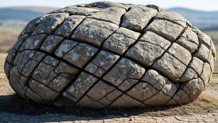 Fototapeta premium Large cracked stone rock formation outdoors.