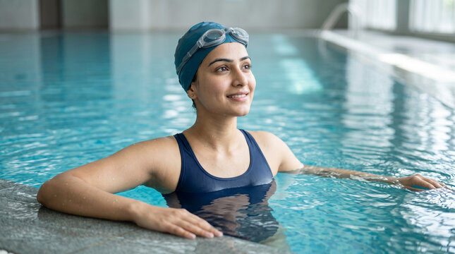 indian woman swimmer smiling in pool for swimming fitness wellness sports and healthy lifestyle concept