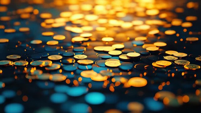 Shiny coins lay scattered on a dark surface. They reflect light and create colorful patterns. The clips show close-ups of the coins with various lighting effects at night
