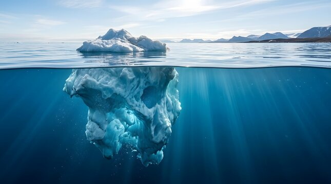 Beautiful cross section view of a massive iceberg in Greenland, showing the small tip above water and the huge main body submerged deep down in the dark blue sea