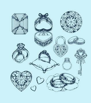 Vintage wedding rings and diamond jewelry engraving vector set