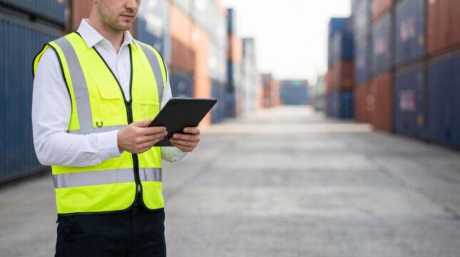 logistics worker using tablet in container yard for supply chain management freight tracking and import export concept