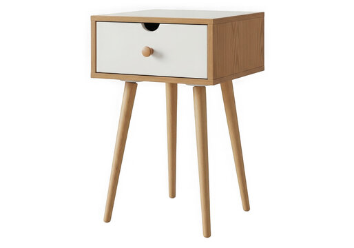 Minimalist wooden drawer nightstand on four legs isolated on transparent background