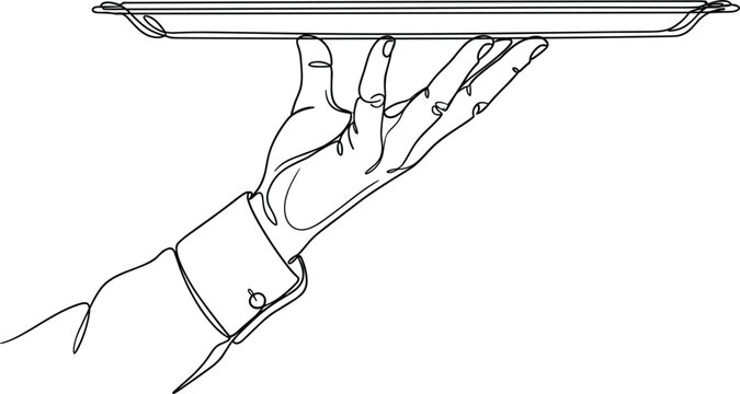 Hand Holding Serving Tray Line Art Vector Illustration for Restaurant Service, Waiter Hospitality, Catering Business, Food Delivery, and Hotel Industry Design