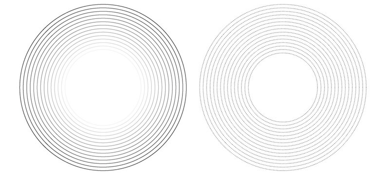 Black concentric circle set. Sonar or sound wave ring collection. Dotted and linear epicentre, target, radar icon concept. Ripple radial signal or vibration elements. Vector line and halftone symbols