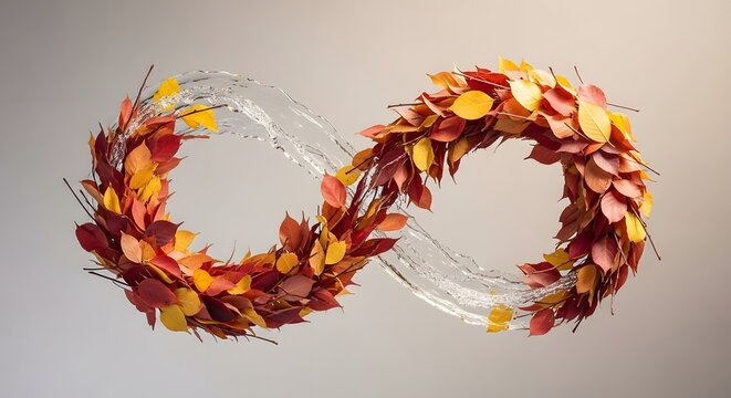 Infinity symbol shaped loop composed of red autumn leaves intertwined with a clear water splash