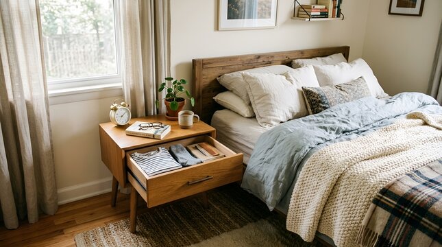 Cozy bedroom interior with wooden nightstand and comfortable bed