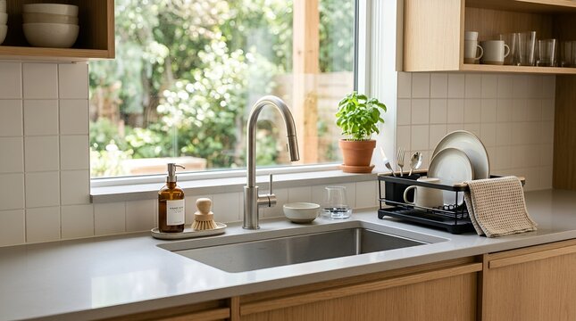 Kitchen interior with sink, dishes, and window view