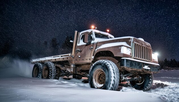 mad max inspired big rig truck riding through night winter