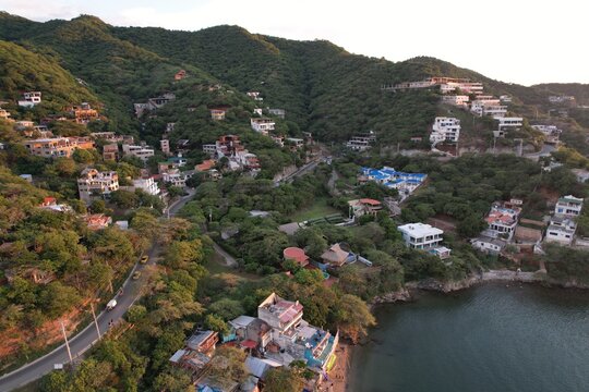 Aerial Sunset View of Taganga Bay and Fishing Village Near Santa Marta Colombia