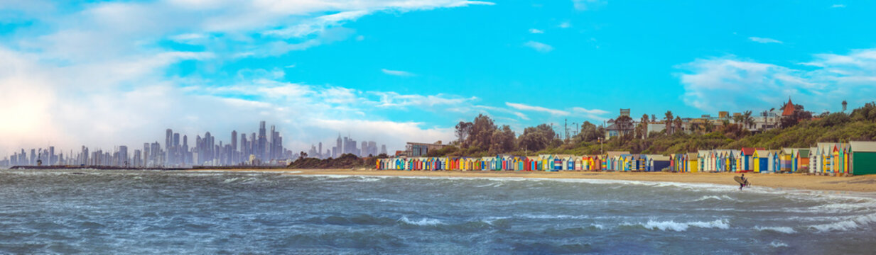 Panoramic view of Brighton Beach Melbourne's CBD skyline in the background, Victoria, Australia