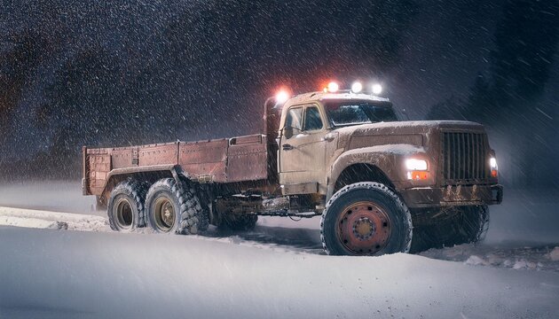 mad max inspired big rig truck riding through night winter