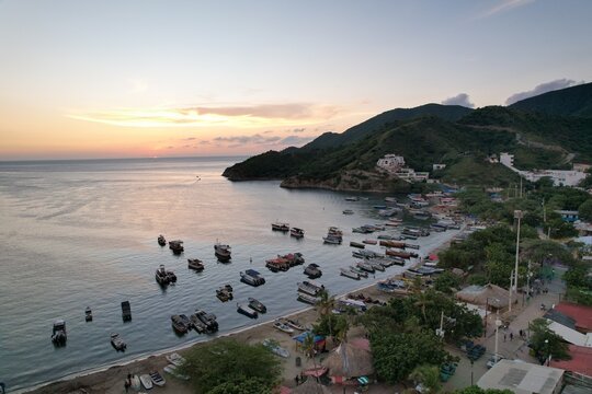 Aerial Sunset View of Taganga Bay and Fishing Village Near Santa Marta Colombia