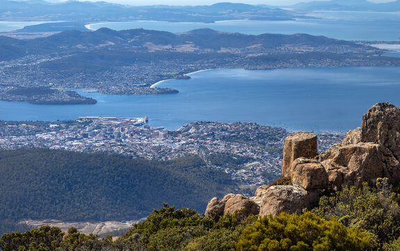 Stunning view of the city of Hobart, its harbor from the summit of Mt. Wellington, Tasmania, Australia
