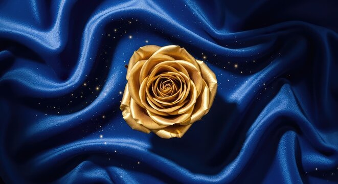 Elegant golden rose bloom placed on a deep blue wavy fabric background featuring magical glowing glitter dust and soft shimmering light, bokeh, beauty, ornate