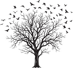 Fototapeta premium A black silhouette of a bare tree with birds flying around it isolated on white background