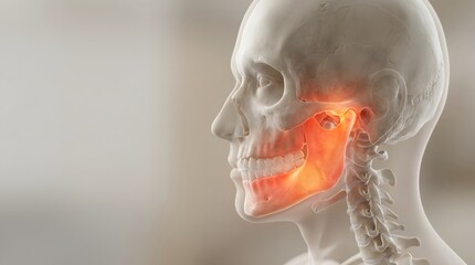 Fototapeta premium Human skull with highlighted temporomandibular joint pain. Anatomical model showing jaw inflammation. Medical illustration for dental clinic, treatment of bruxism and joint disorder.