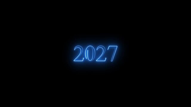 New year 2027 text icon animation glowing neon blue color number anniversary template banner sign signboard holiday code digit rectangle box font letter word on black New year 2027 text icon