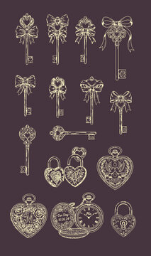 Vintage antique keys with heart and ribbon engraving vector set