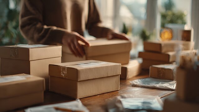 Stacked cardboard moving boxes in cozy living room with natural light