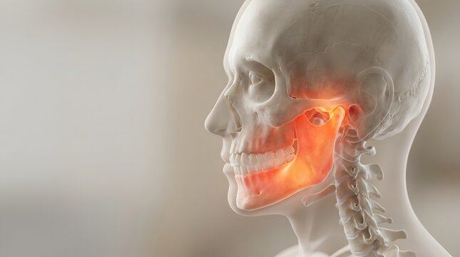 Human skull with highlighted temporomandibular joint pain. Anatomical model showing jaw inflammation. Medical illustration for dental clinic, treatment of bruxism and joint disorder.