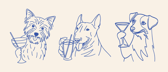 Fototapeta premium Cute purebred dogs with with a glasses of cocktails. Hand drawn sketch illustration.
