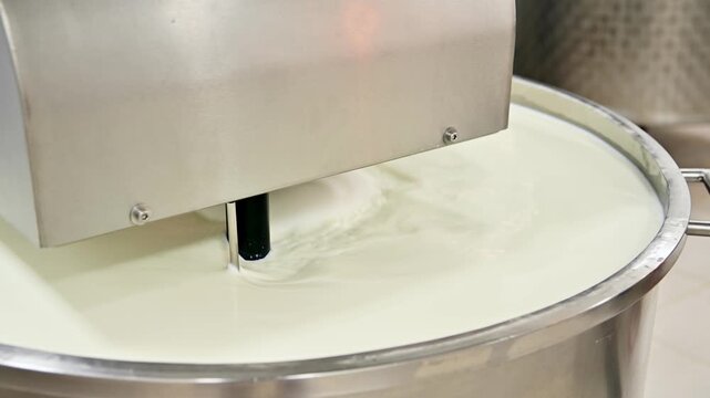 Milk mixing separator in operation, creating a smooth blend in large container